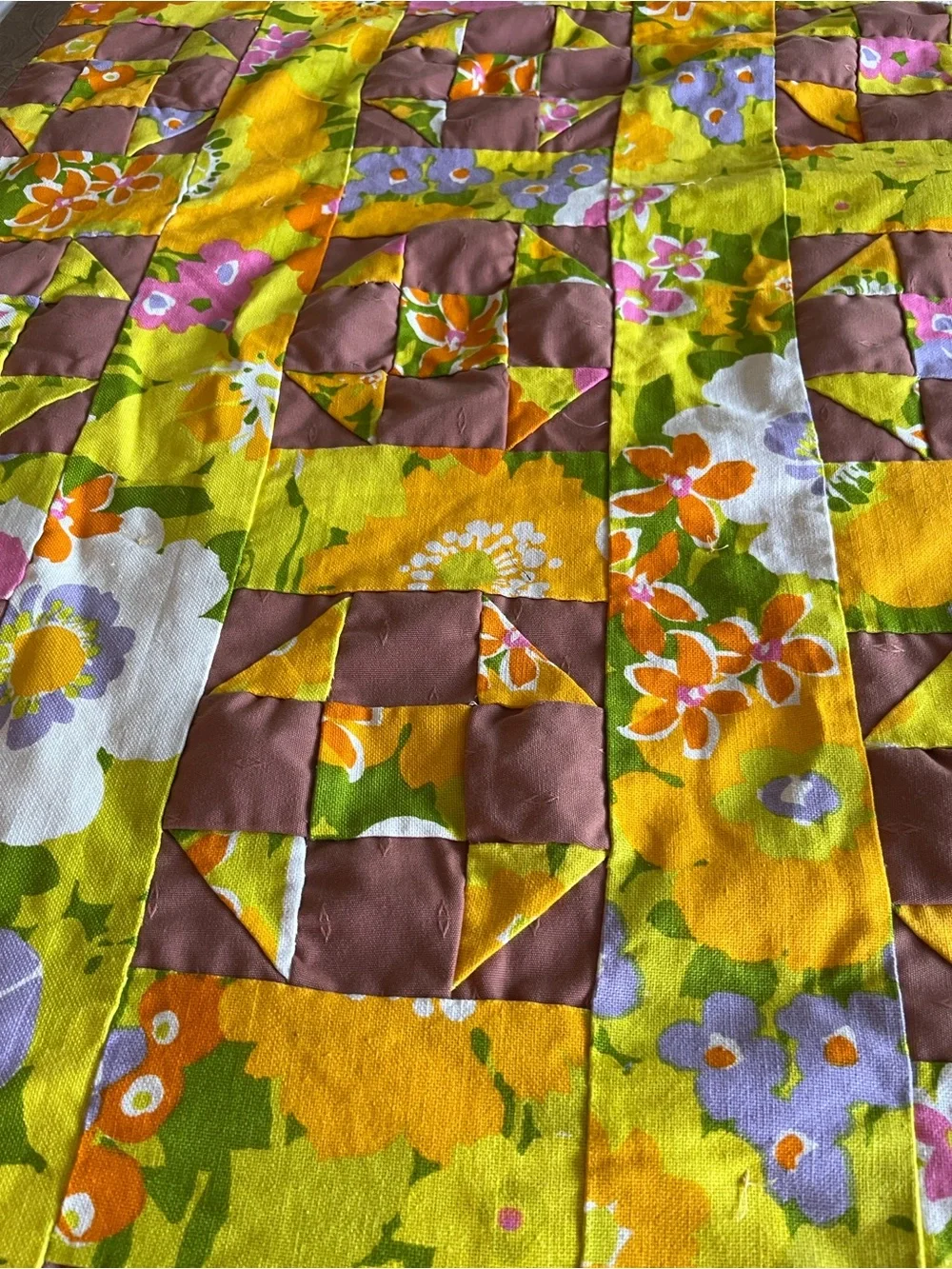 Vintage Vibrant Floral Patchwork Quilt Mid-Century Colors Yellow & Brown 64x80